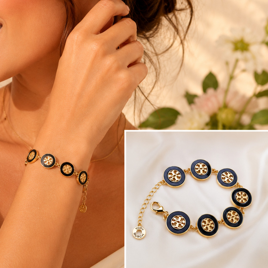Tory Burch 18K Gold Black Motif Medallion Enamel Circle Logo Link Bracelet NEW
