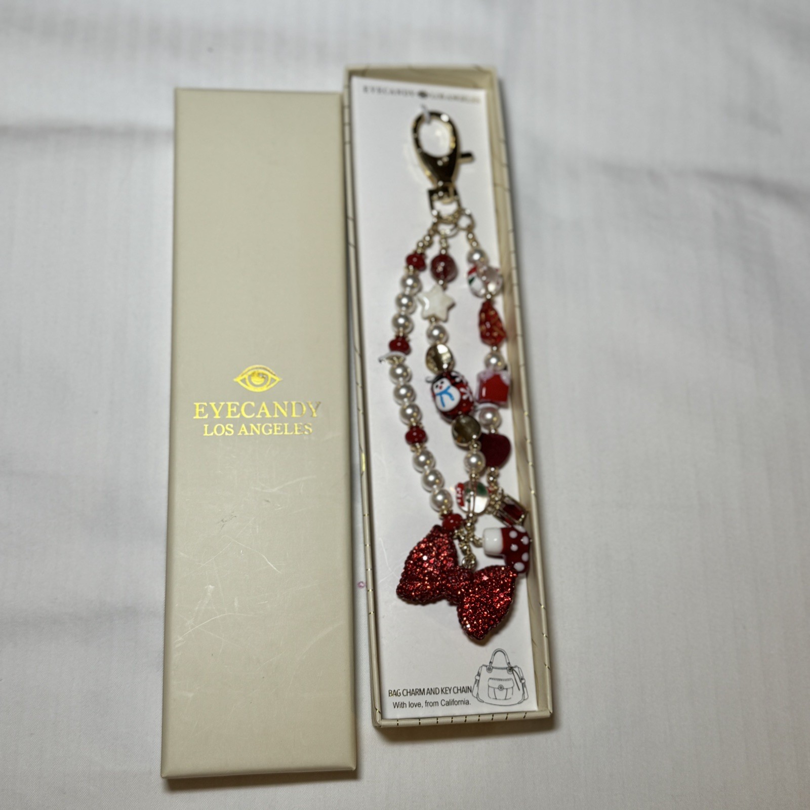 Whimsical Bag Charm Red Sparkle Bow and Winter Beads- Eye Candy Los Angeles- NEW