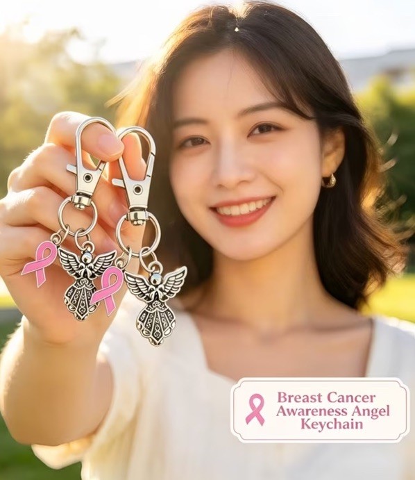 Pink Breast Cancer Ribbon locket charm Bow Keychain Key Ring Chain Chains Angel