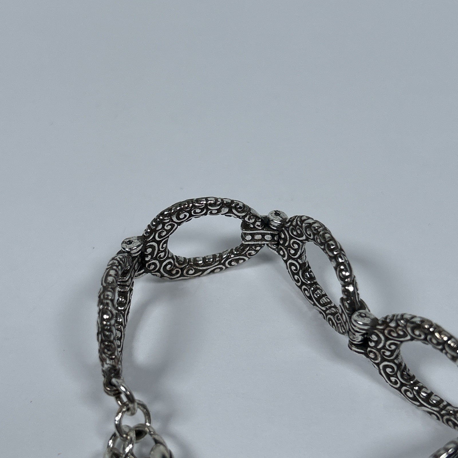 Brighton CHER Silver Tone Scroll Etched Oval Links Bracelet