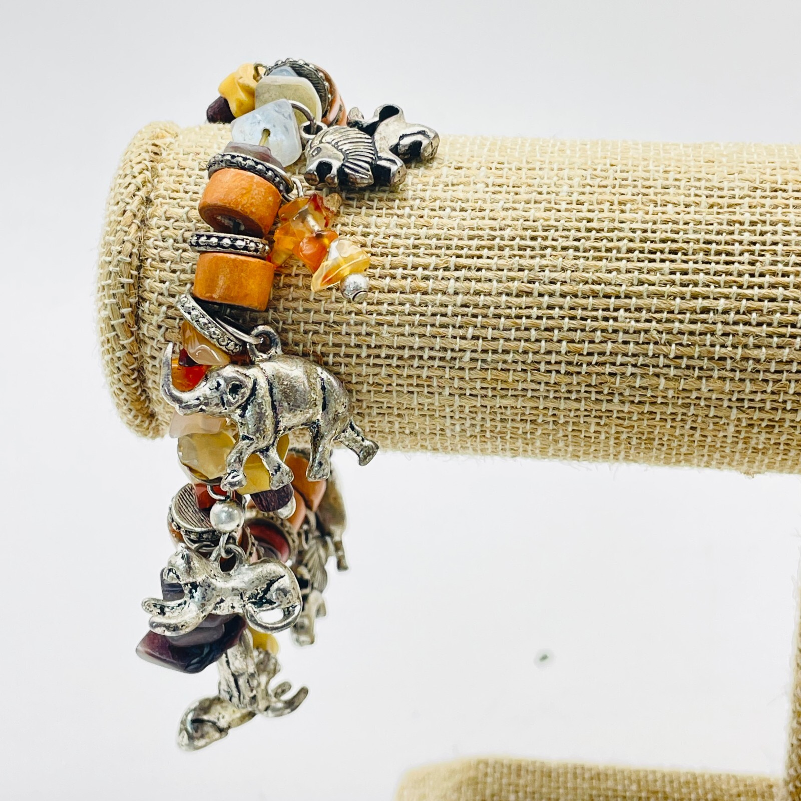 Charm Bracelet Lot of 2 Silver Tone Stretch Orange Beads Animals Shoes