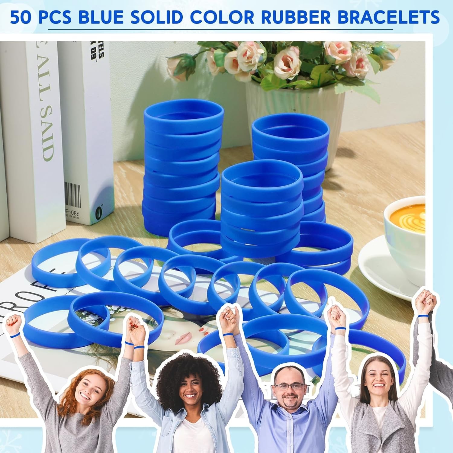 Liliful 50 Pcs Blue Silicone Rubber Bracelets, Blank Wristbands