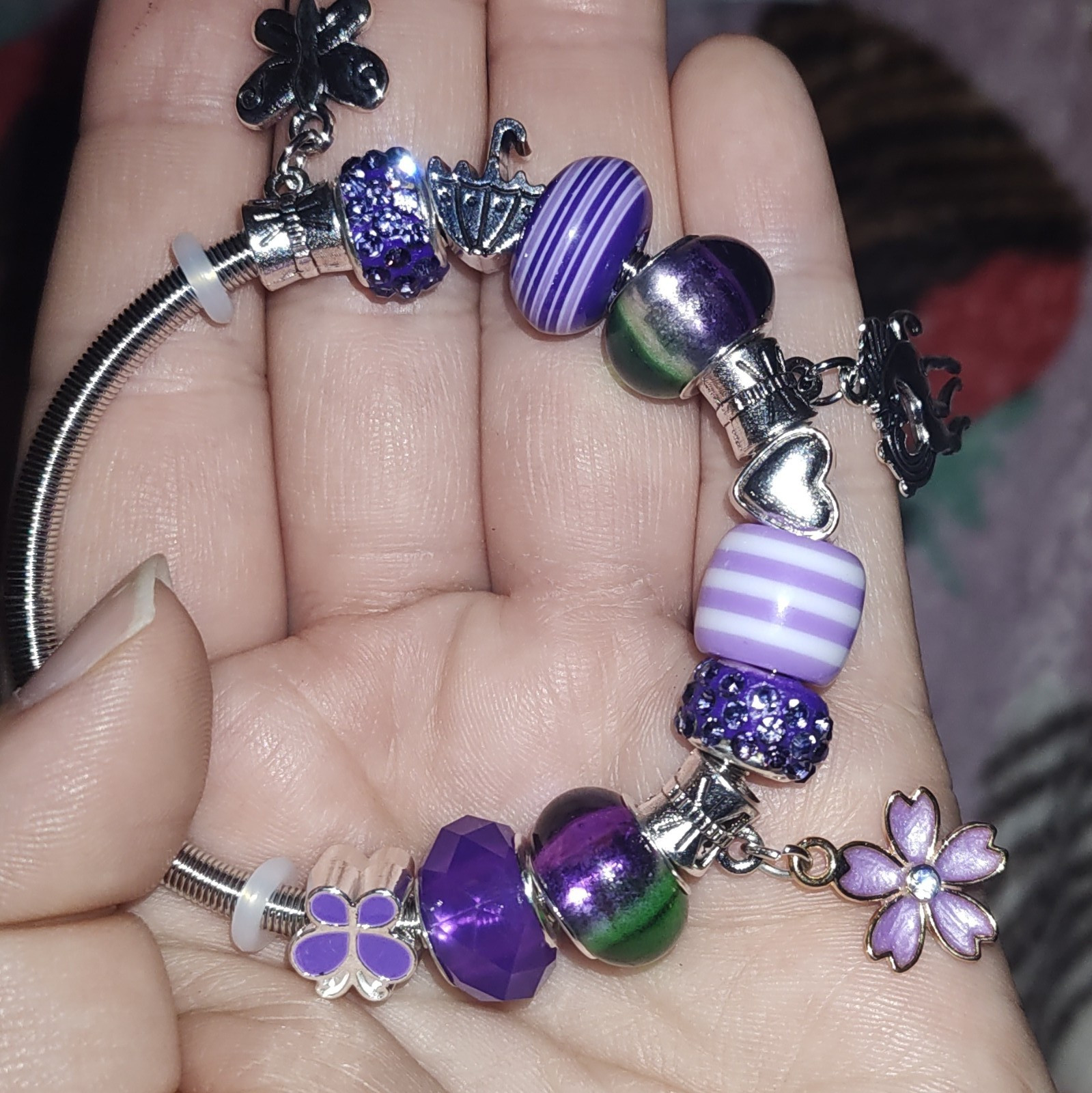 Silver Plated Snake Chain Charm Bracelet Lot 2 Glass Beads Dangle Charms