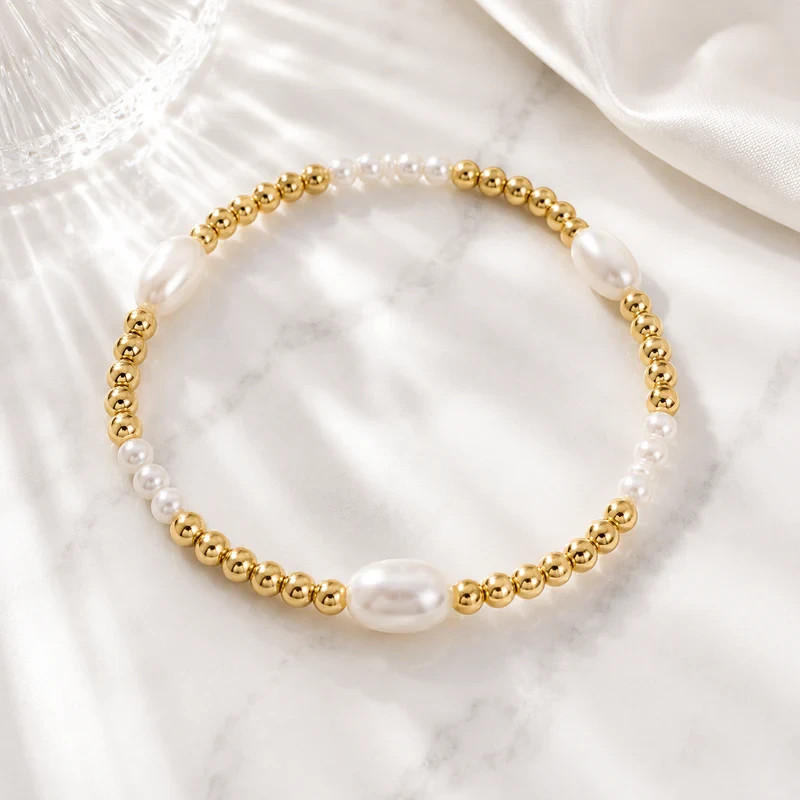 Oval Pearl Stretch Bracelet 18K Gold PVD Stackable Waterproof Jewelry