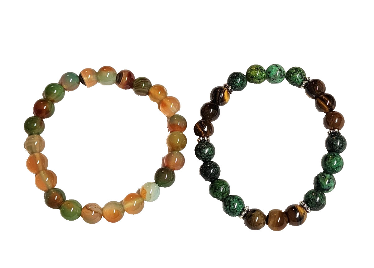 Green-Orange & Brown Serpentine Agate Tiger’s Eye Stretch Bracelet Lot 2 Nature