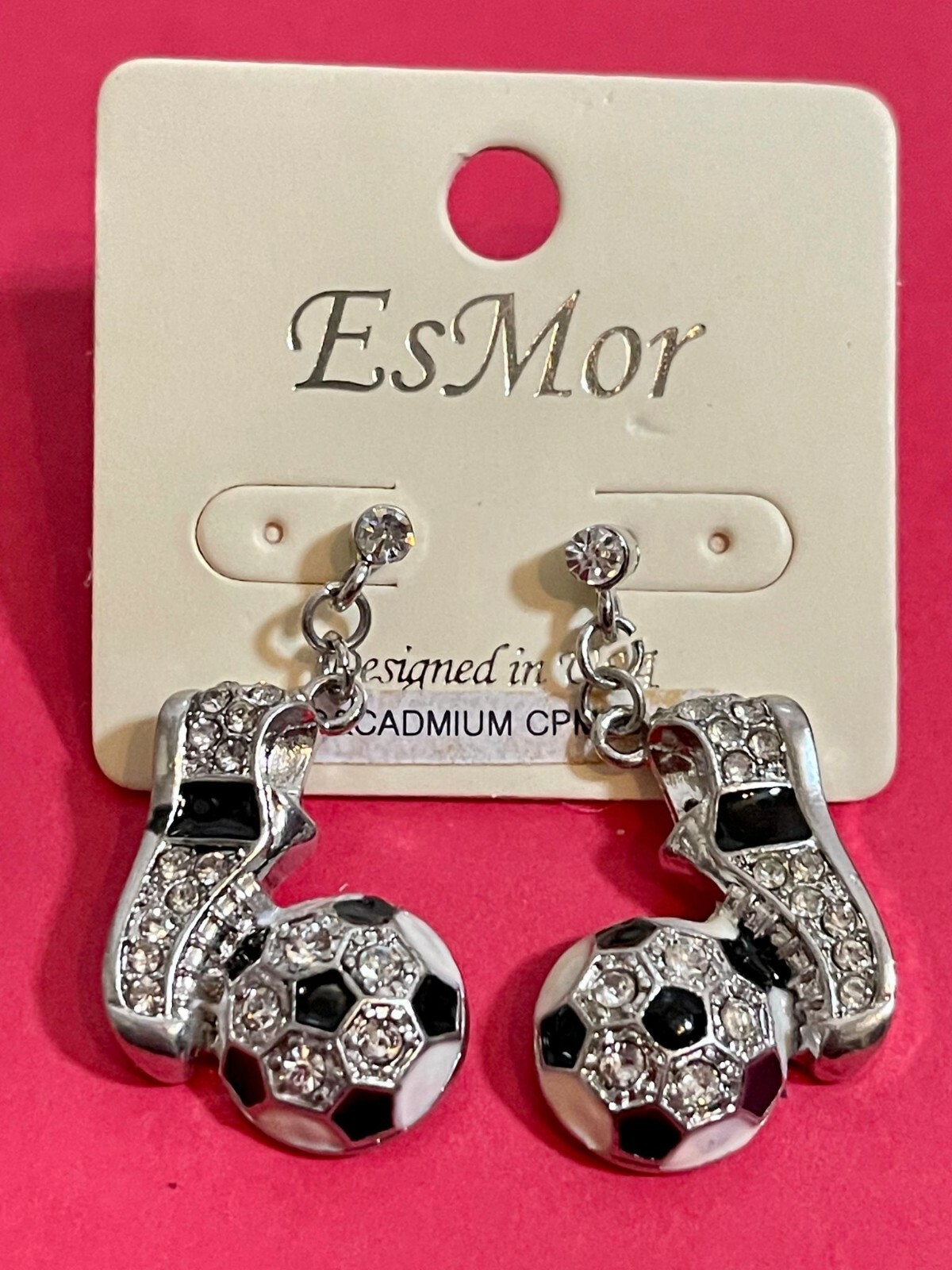 Sports Theme Soccer Ball & Soccer Cleats Rhinestones Silver Earrings