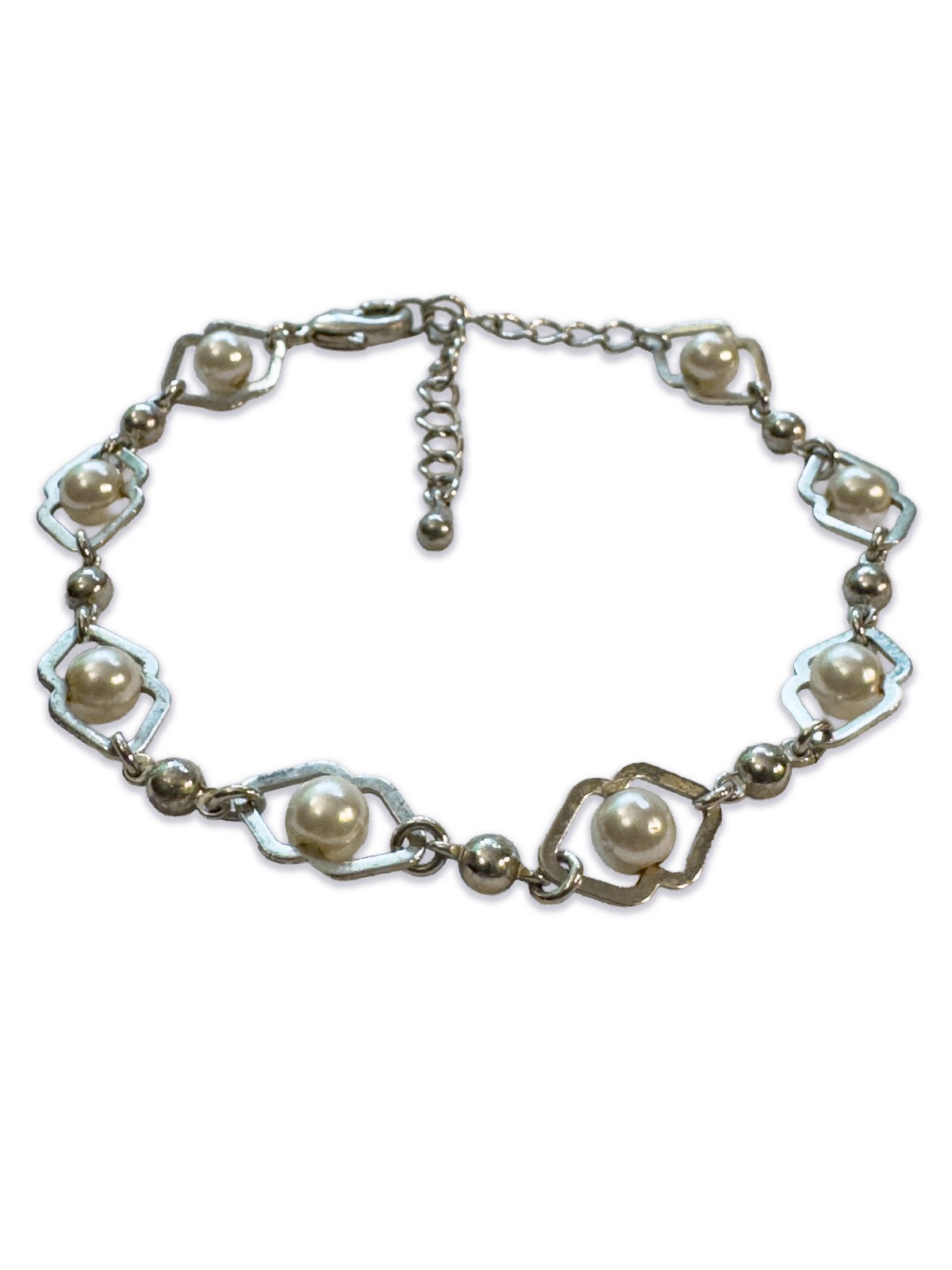 Faux Pearl Silver Tone Link Tennis Bracelet 6.75 in.