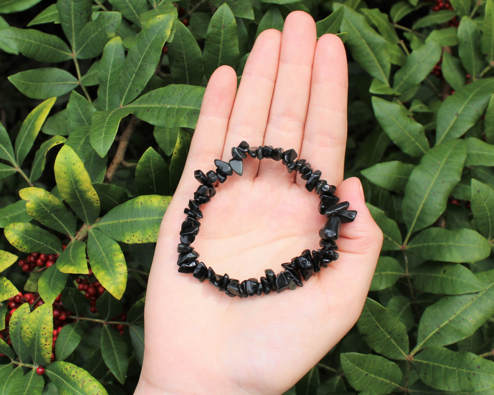 Black Obsidian Chip Bracelet, Stretch: Raw Natural Crystal Healing US SELLER
