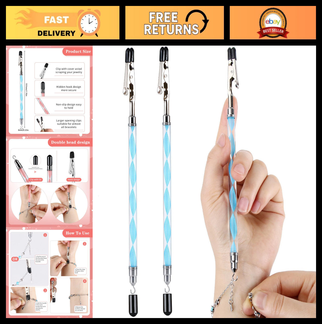 2-in-1 Bracelet Helper Tool – Quick Release Jewelry Clasp Assist, 2Pcs, 197mm Ho