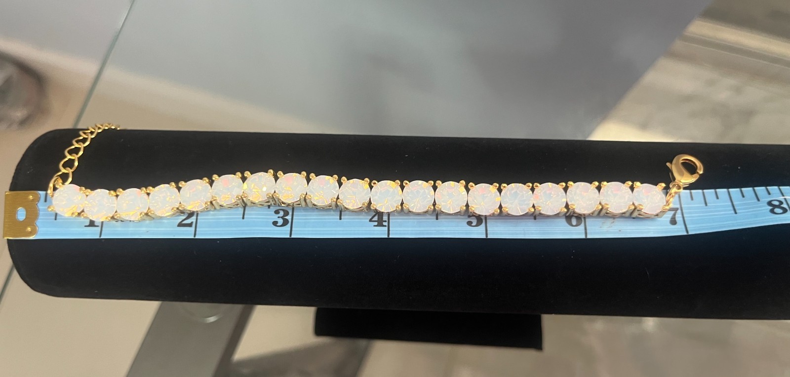Park Lane Jewerly Gold Tone Faux Opal Tennis Bracelet Iridescent Round 7″-8.5″