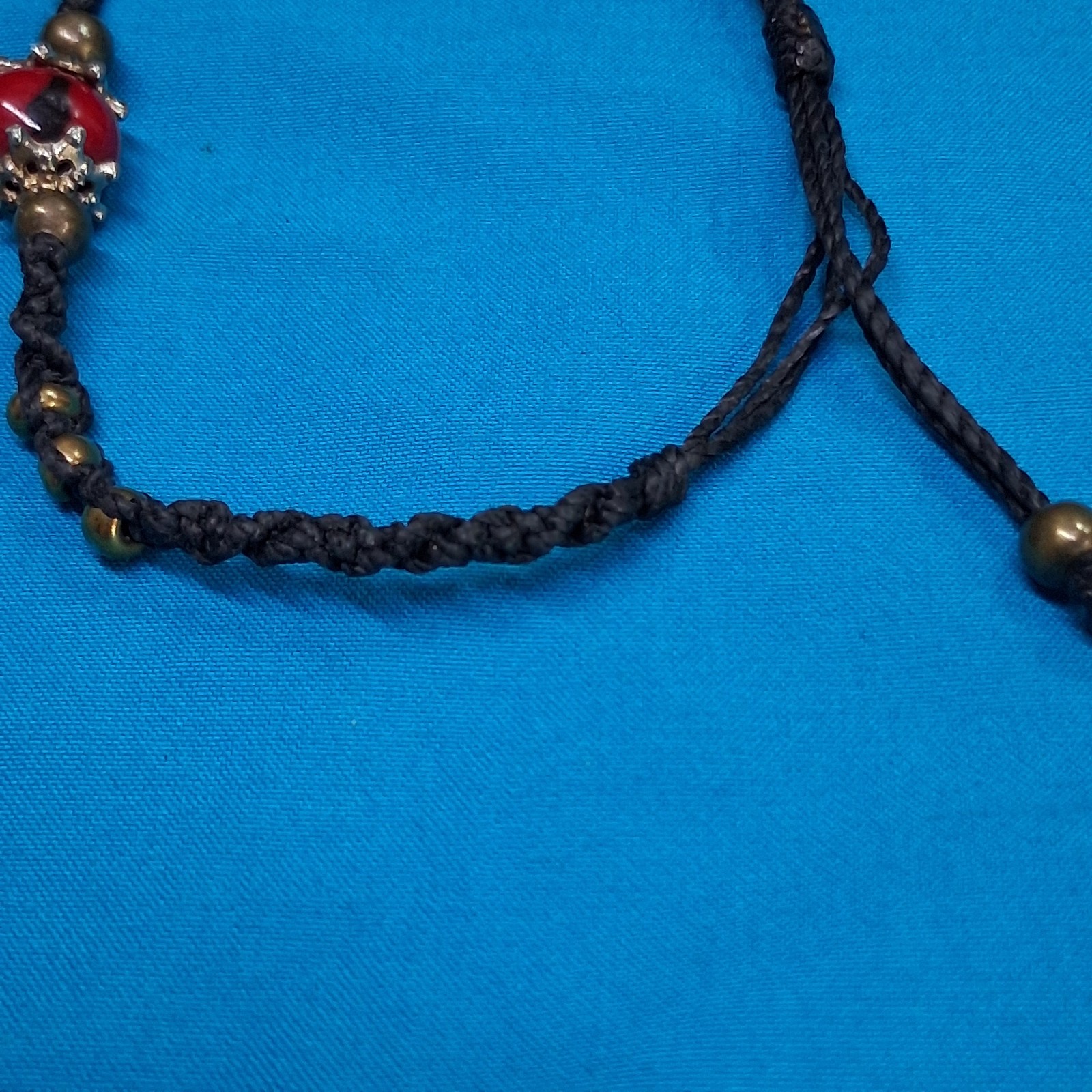 Vintage Red Channel Set Bead Charm Black Azure Cotton Adjustable Cord Bracelet