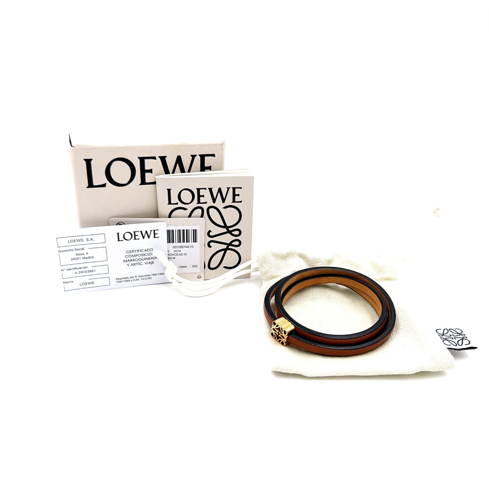 LOEWE Anagram Wrap Bracelet Brown Tan Leather Gold Plated Size M Spain Auth