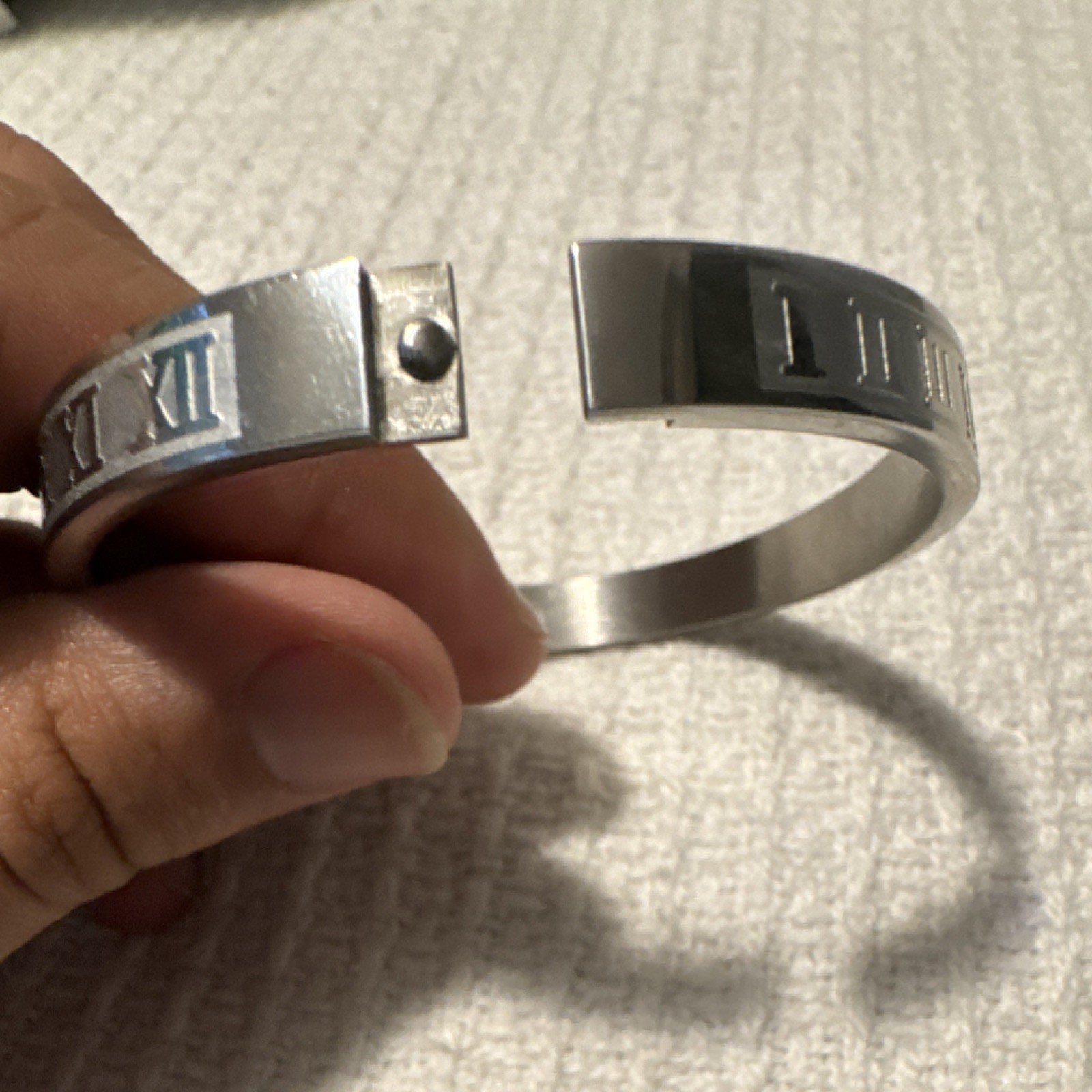 Silver-Tone Stainless Steel Engraved Roman Numeral Hinged Cuff Bangle