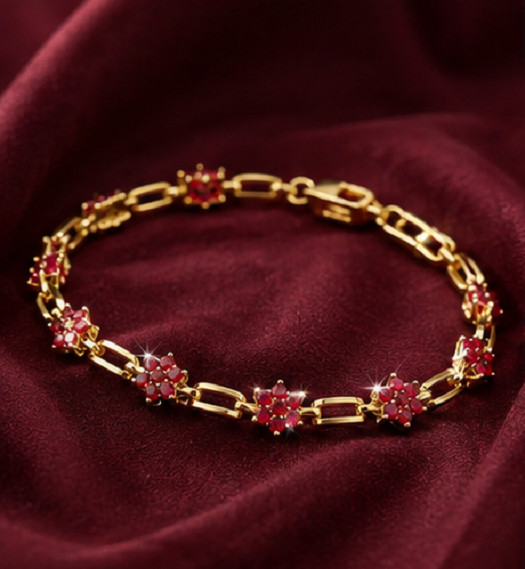 2ct Round Cut Simulated Red Ruby Flower Link Bracelet 14K Yellow Gold Plated7.5″