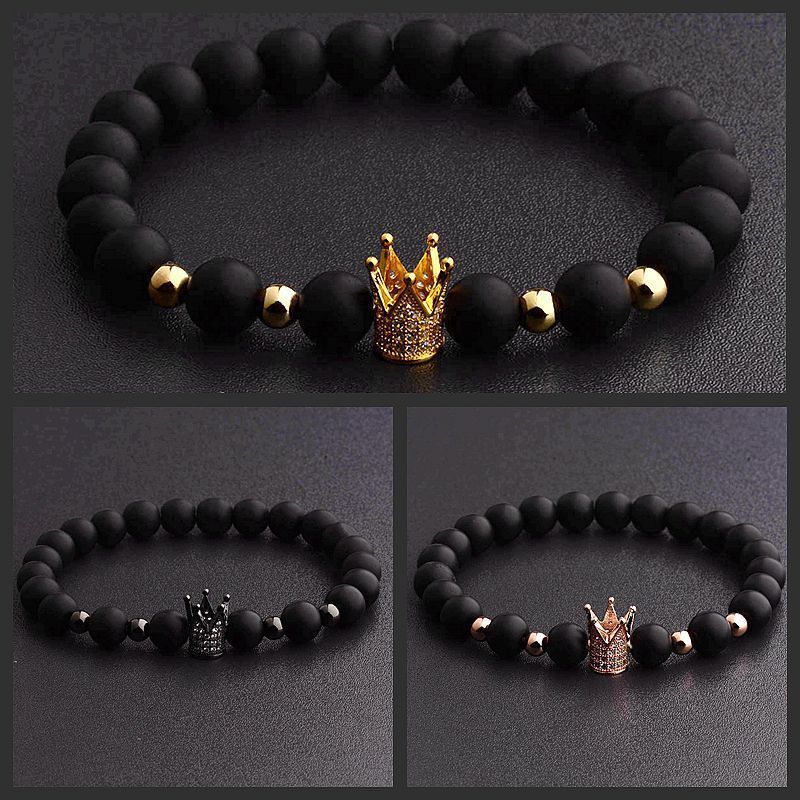 Gorgeous Crown Natural Stone Matte Black Charm Men’s CZ Copper Bead Bracelet