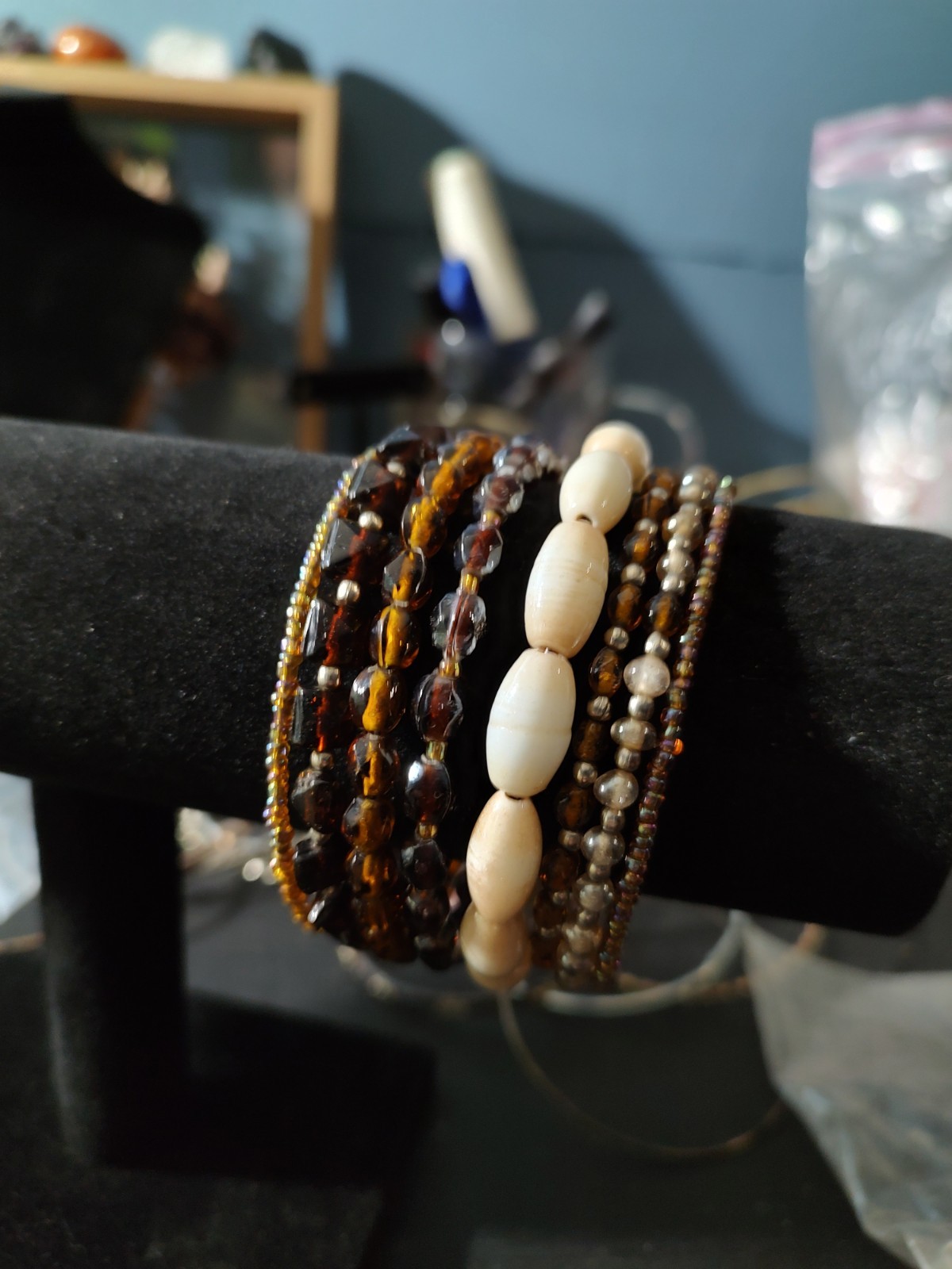 Boho Brown Ivory Gold Round Beaded Wrap Bracelet, Adjustable, Ball/Bead