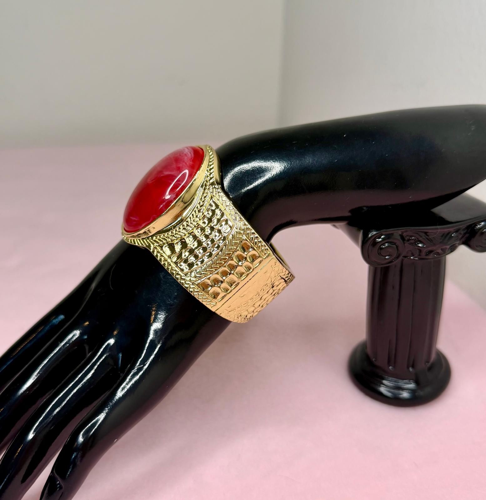 Gold Tone Red Stone Cuff Bracelet, Wide Statement Bangle, Vintage Boho