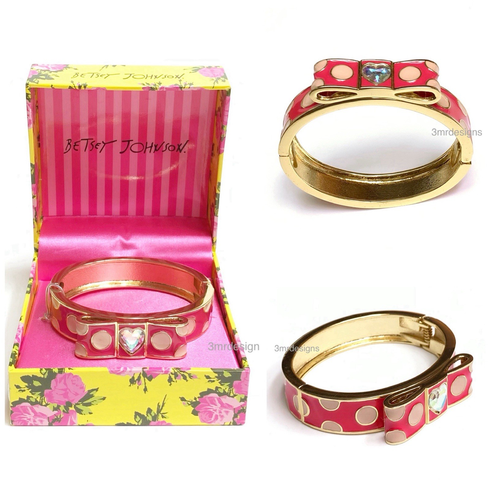NIB Betsey Johnson BOW Pink Polka Dots Gold Tone Iridescent Stone Hinge Bracelet