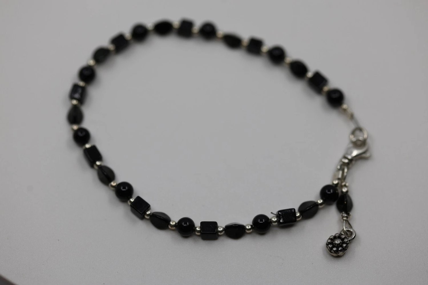 Sterling Silver Black Onyx Beaded Bracelet 7 Inch Geometric Beads 925 Boxed