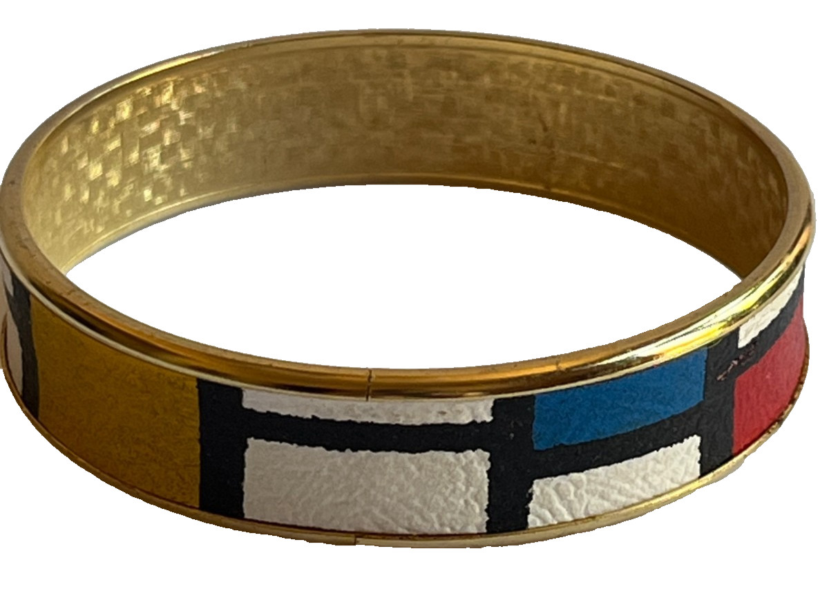 Piet Mondrian Inspired Bangle Bracelet Gold Tone Geometric Yellow Blue White Red