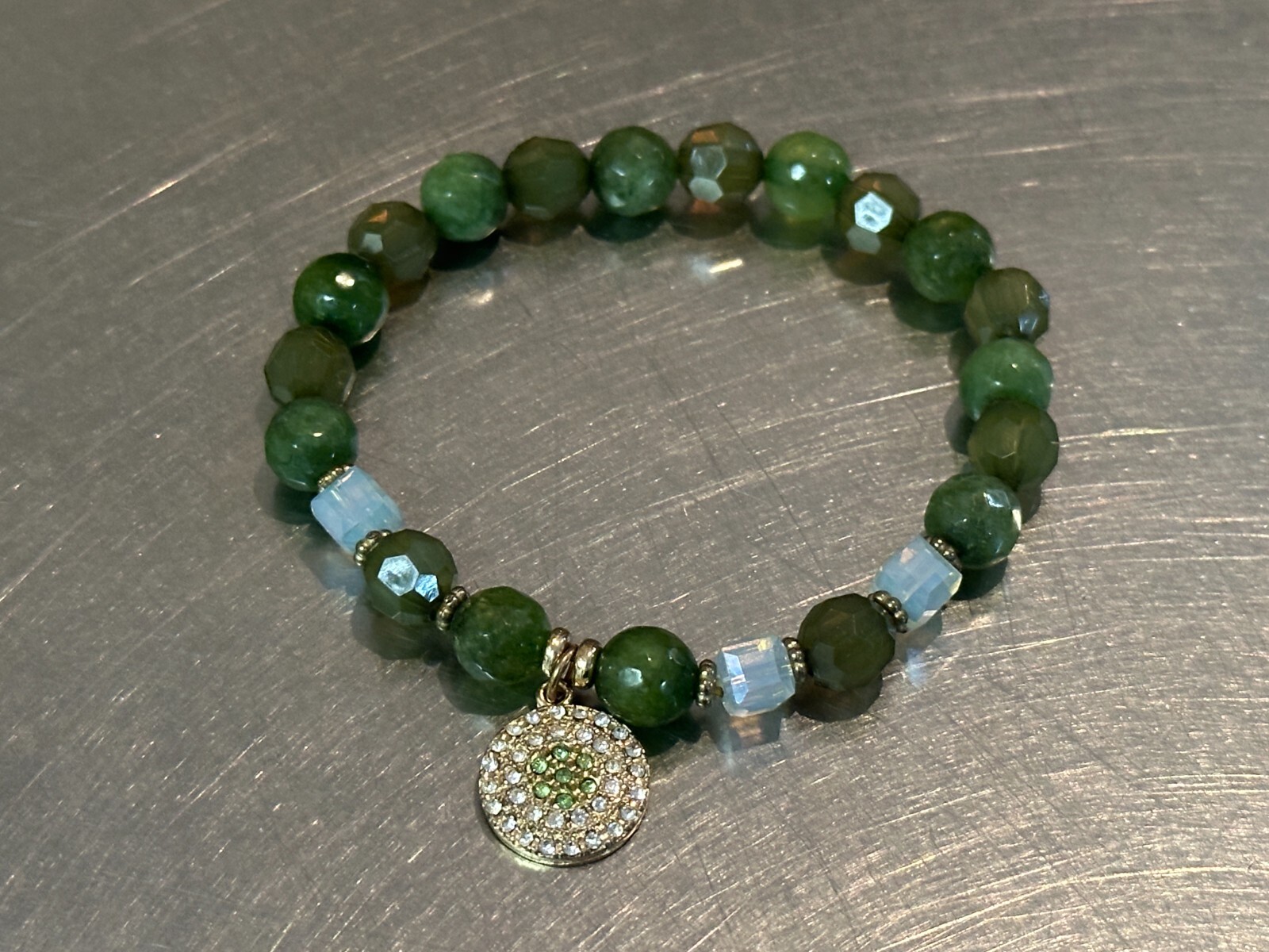 Green Bracelet Stretch Band Mixed Faceted Beads Gemmed Charm 6.5 inch