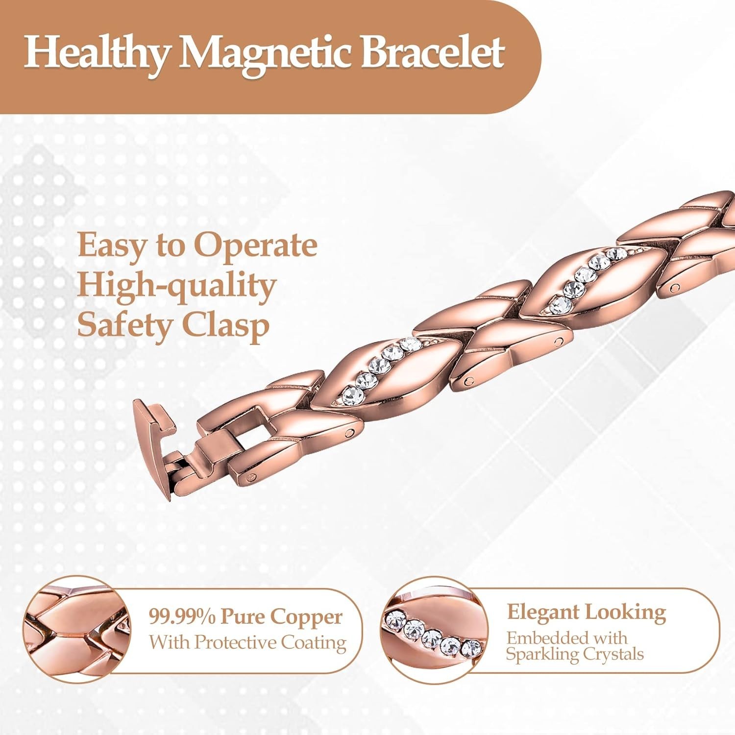 Women’s Magnetic Pure Copper Bracelet–3500 Gauss Magnets, Adjustable Sparkling