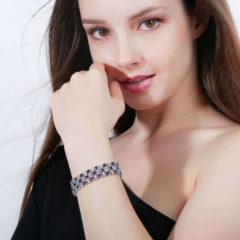 Silver Plated Wedding Blue Cubic Zirconia Wide Tennis Bracelet for Women Jewelry