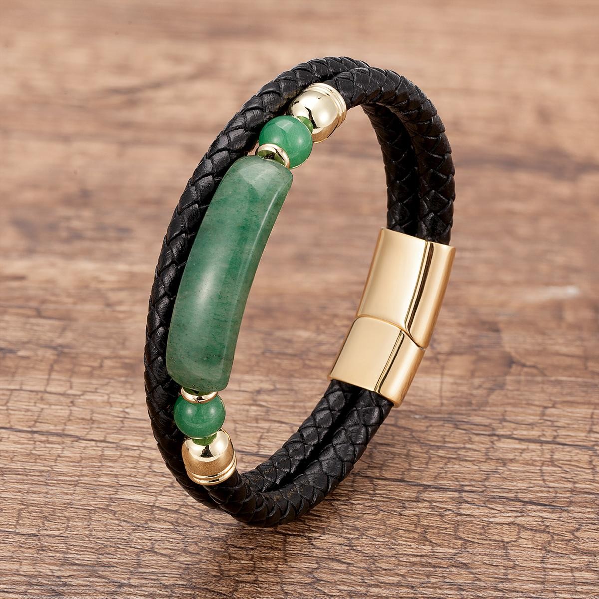 Men’s Multi-Layer Leather Bracelet with Natural Stone – Stainless Steel Clasp