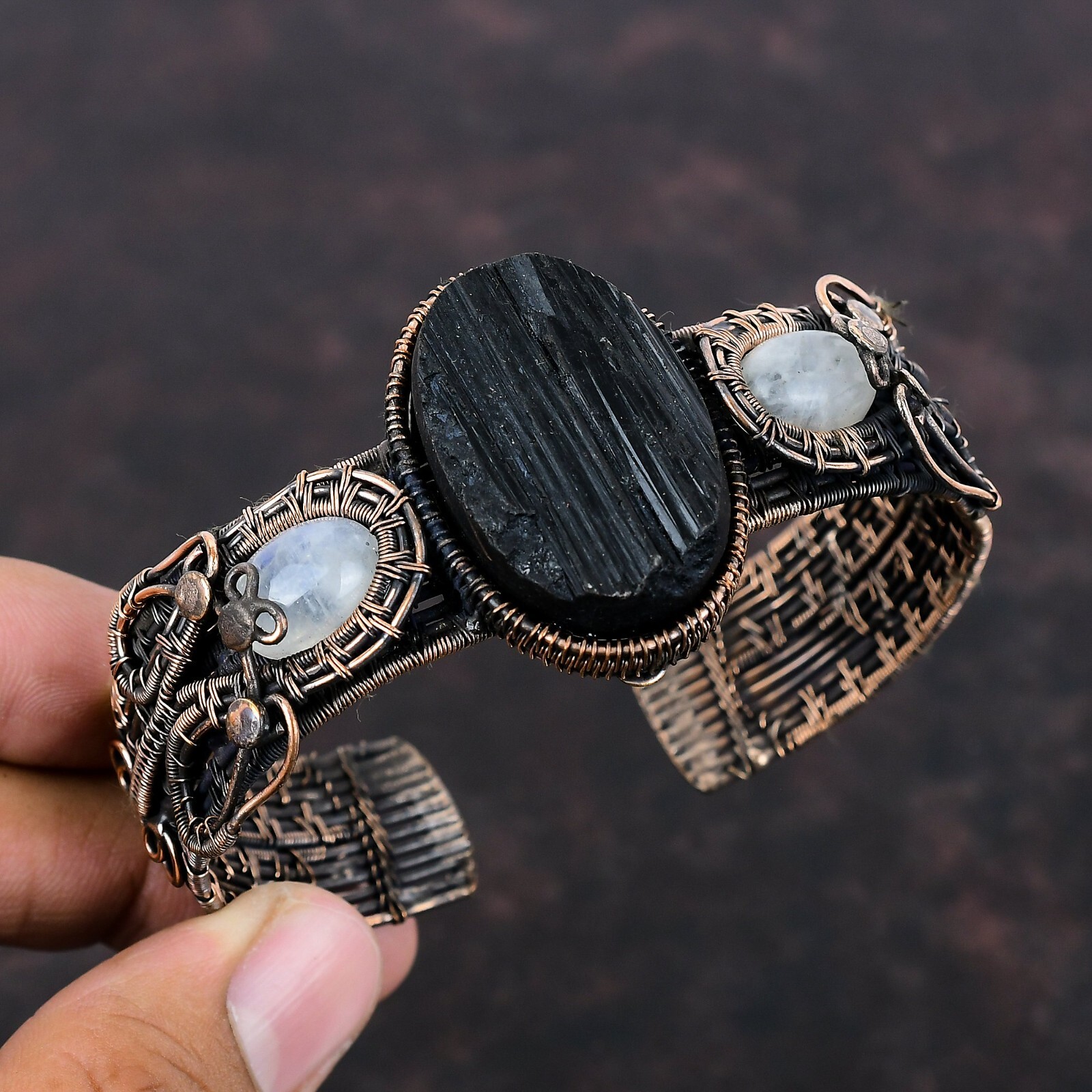 Black Tourmaline Rough Copper Mom Gift Wire Wrapped Adjustable Bangle