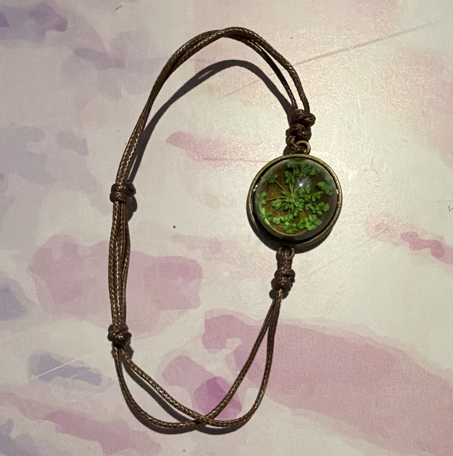 Adjustable Brown Cord Charm Bracelet Round Green Nature Cabochon Centerpiece