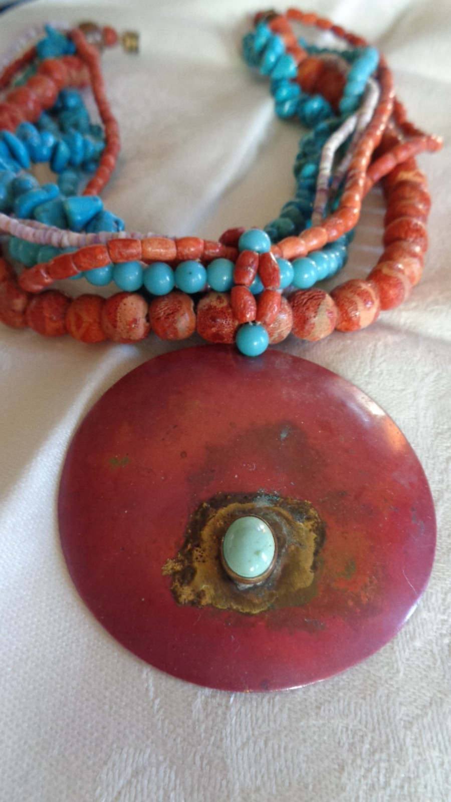 Bohemian Large Turquoise and Coral Necklace modern artisan style