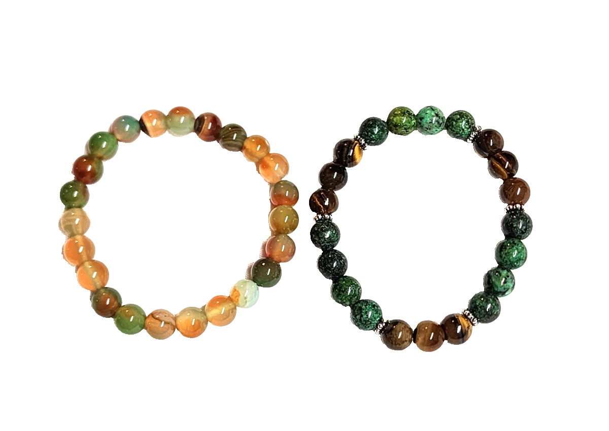 Green-Orange & Brown Serpentine Agate Tiger’s Eye Stretch Bracelet Lot 2 Nature