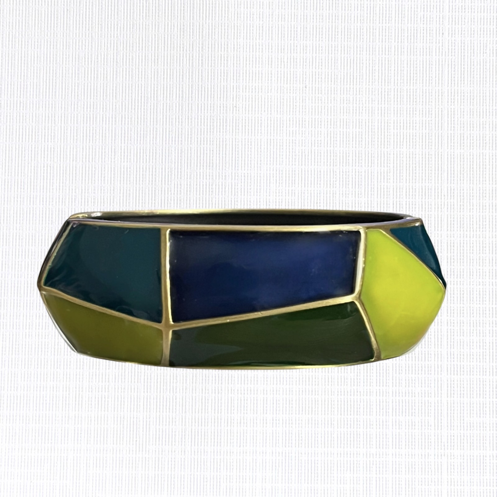 Vintage Geometric Enamel Bangle Bracelet Hinged Blue Green Clamper Artsy 1″ Wide