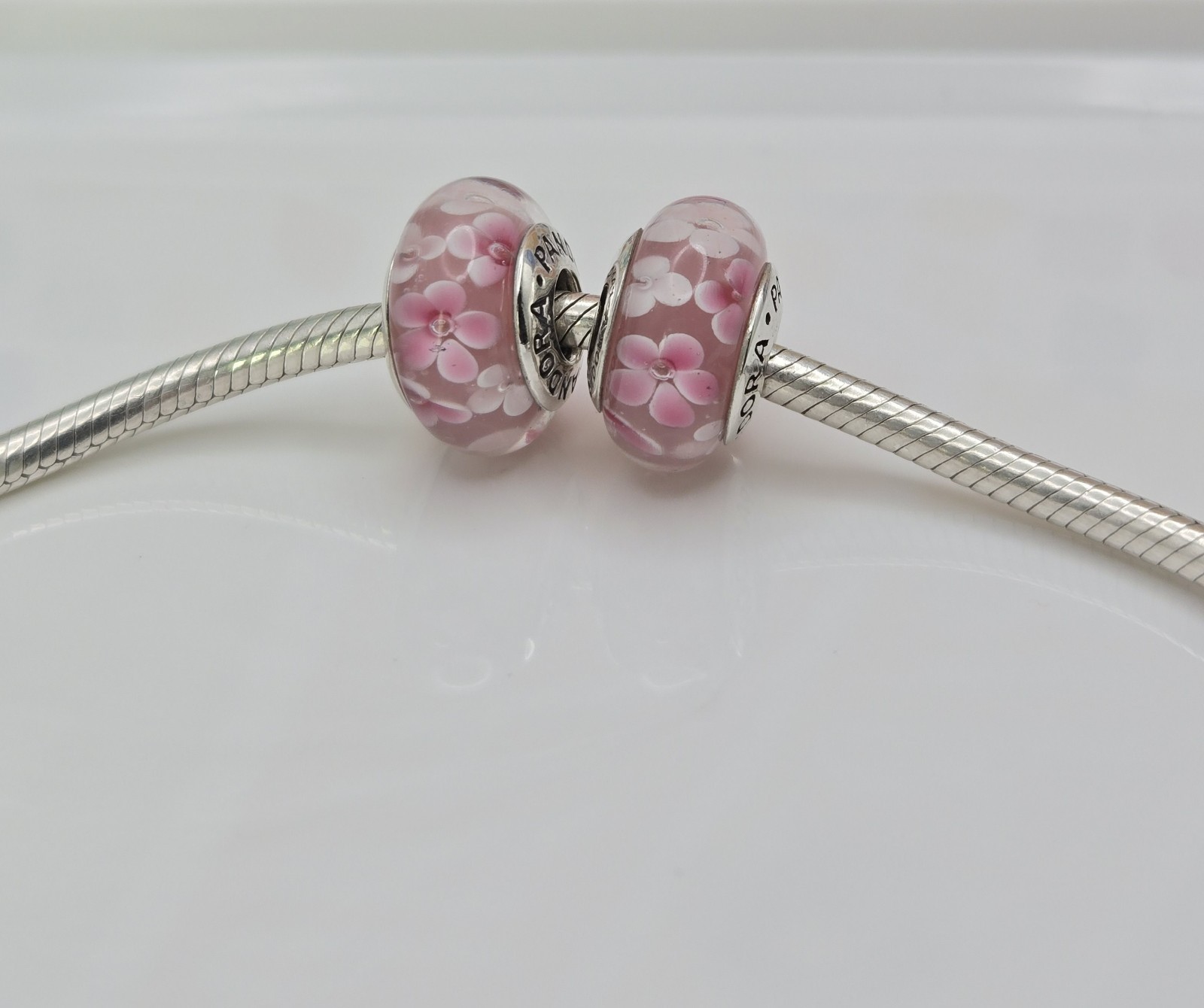 Authentic Pandora Pair of pink flower delicate pink floral Charms Murano Glass
