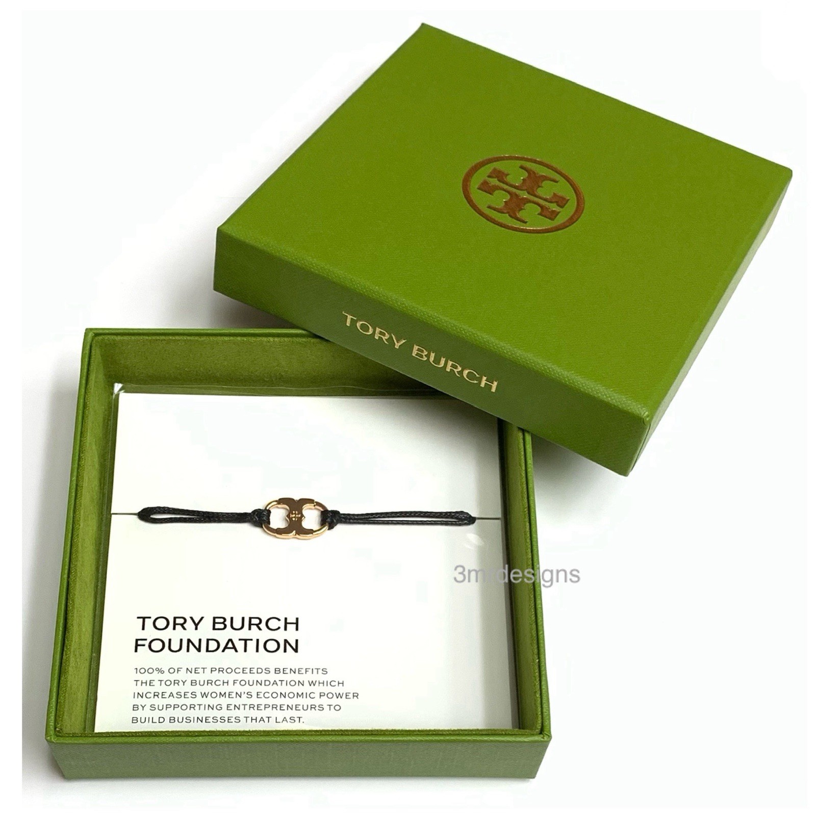 NWT TORY BURCH EMBRACE AMBITION 18K-Gold Plated Brass Black Cord Slider Bracelet