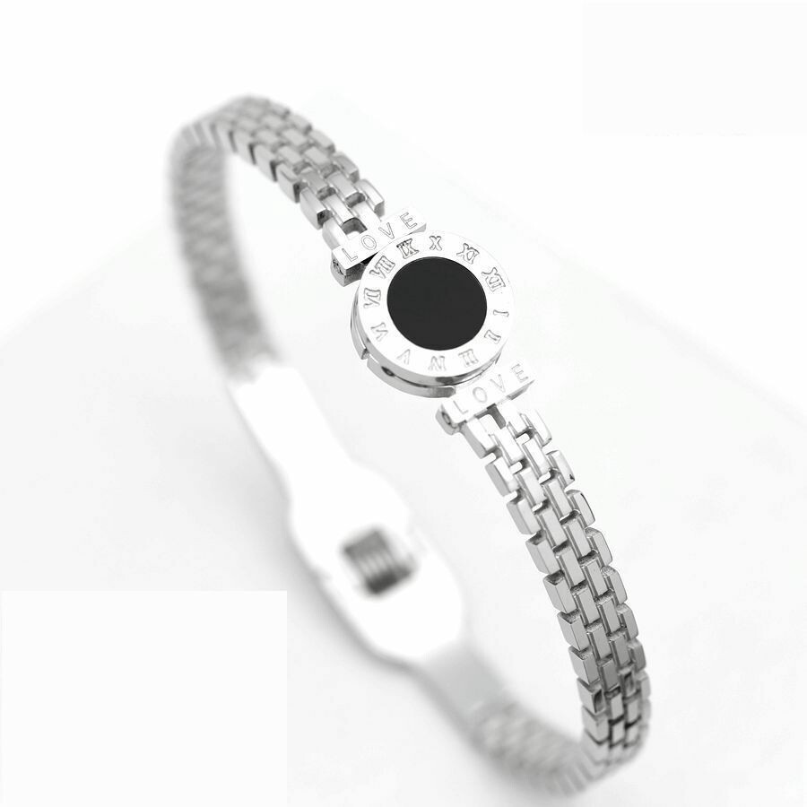 Women Stainless Steel Onyx Cuff Bangle Love Roman-Numeral Bracelet*Box