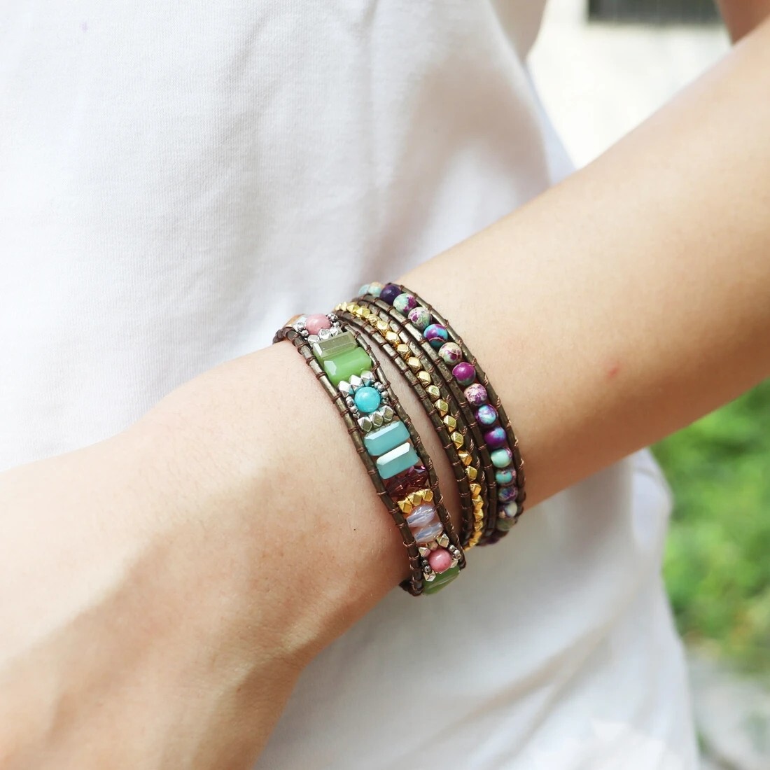 Boho Wrap Bracelet Colorful Vintage Sea Sediment Braid Healing Crystals Handmade