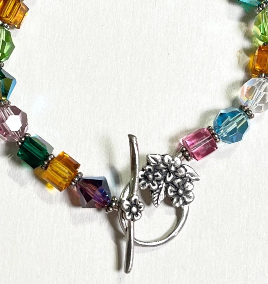 Crystal Beaded Bracelet Silver Tone Floral Toggle Clasp Mix Shapes Faceted Glass