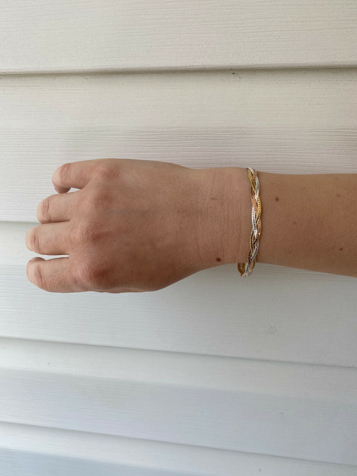 925 Silver TriColor Yellow Rose Gold Plated Twisted Braided Herringbone Bracelet
