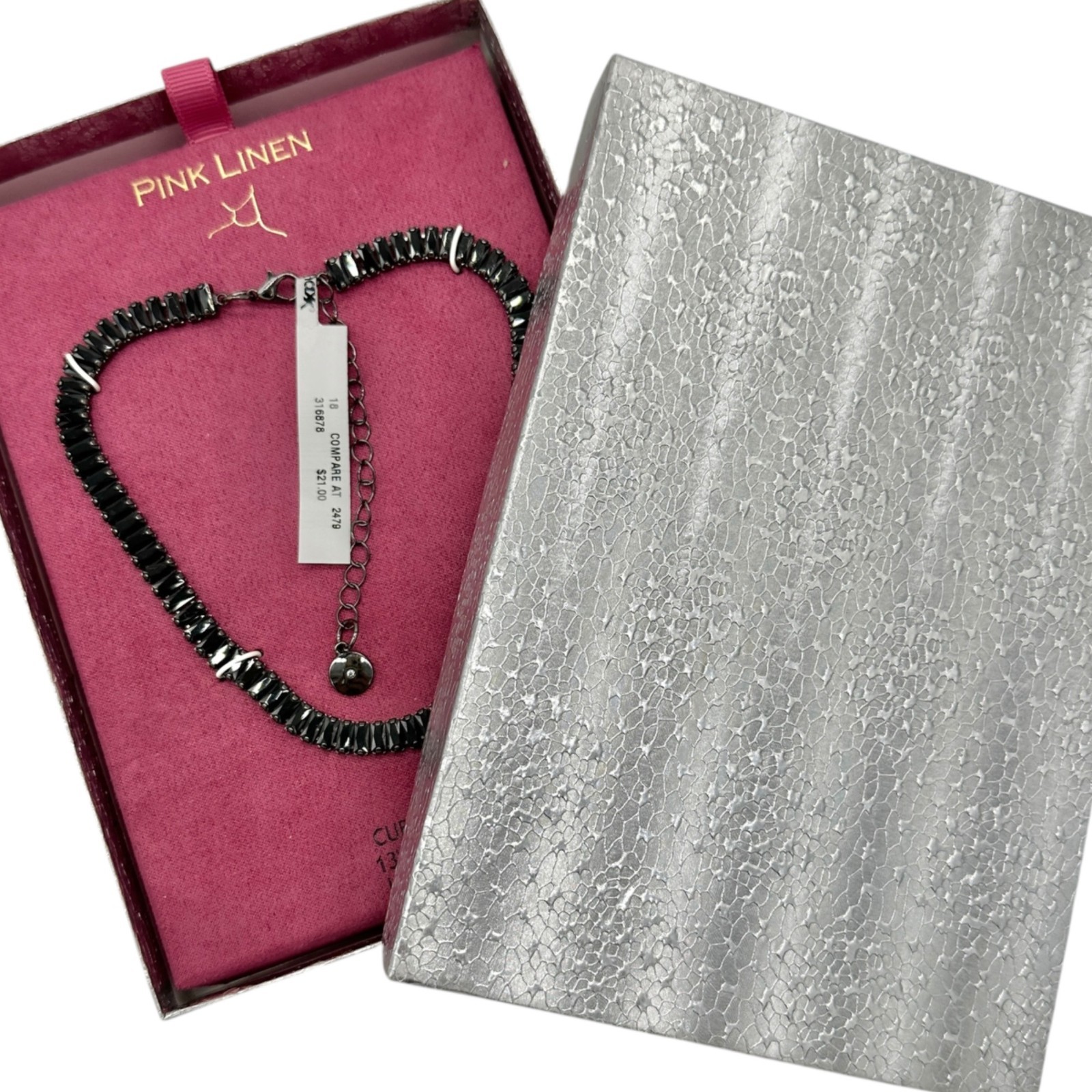 Pink Linen Necklace Black Cubic Zirconia Adjustable Lead Safe Nickel Free in Box