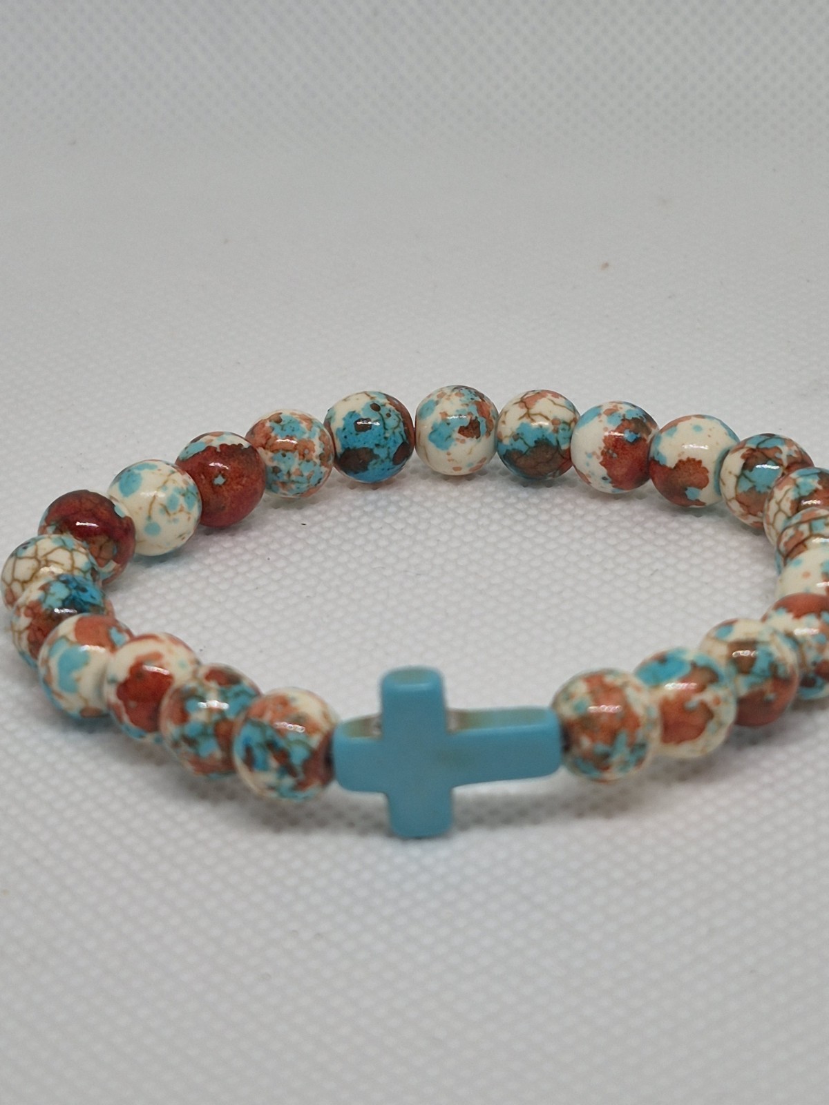 Lot of 3 Multicolor Stone Beaded Stretch Bracelets w/ Cross Charm