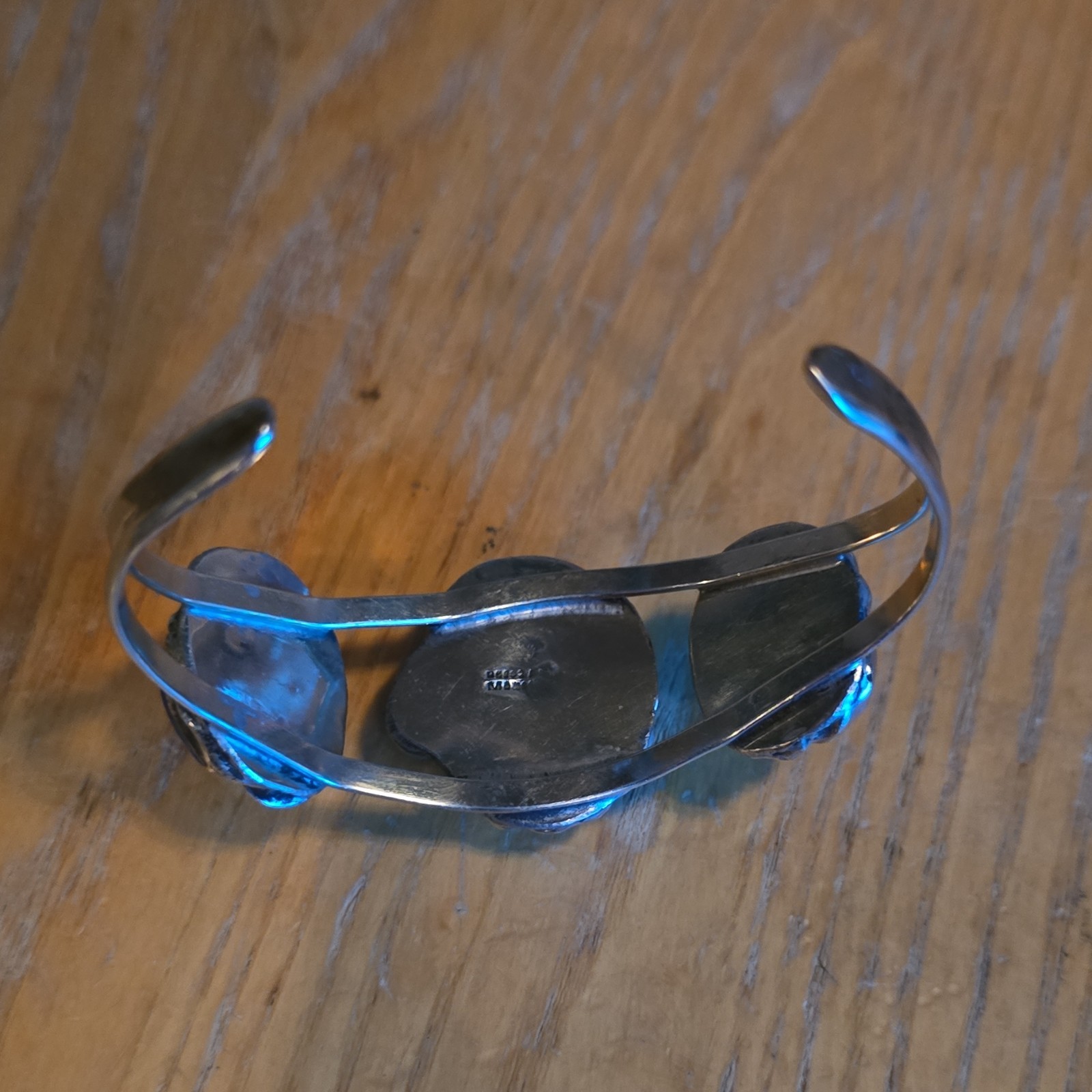 Silver Toned Bracelet 3 Oval Blue Cabochon Bezel Signed Stack Made In Mexico