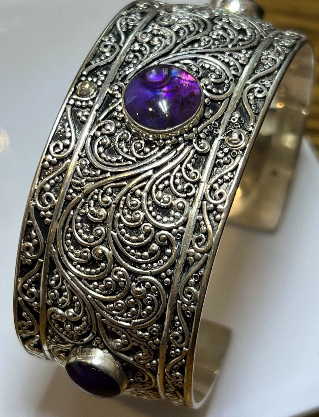 Sterling 925 1” Cuff Bracelet Amethyst Round Cabochon Wave Scrolling Stamp Used