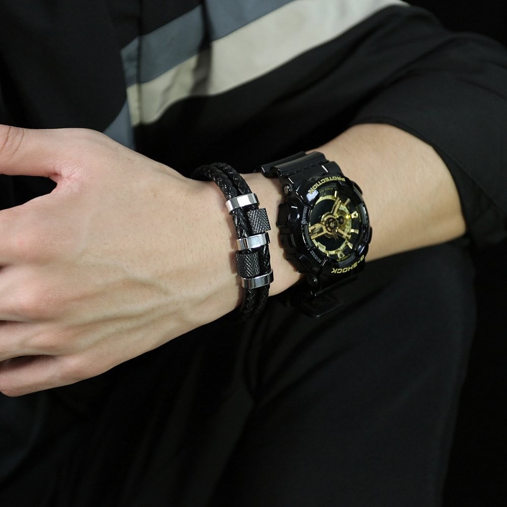 Men’s Stainless Steel Genuine Leather Bracelet Strength Fashion Bangle Wrap Gift