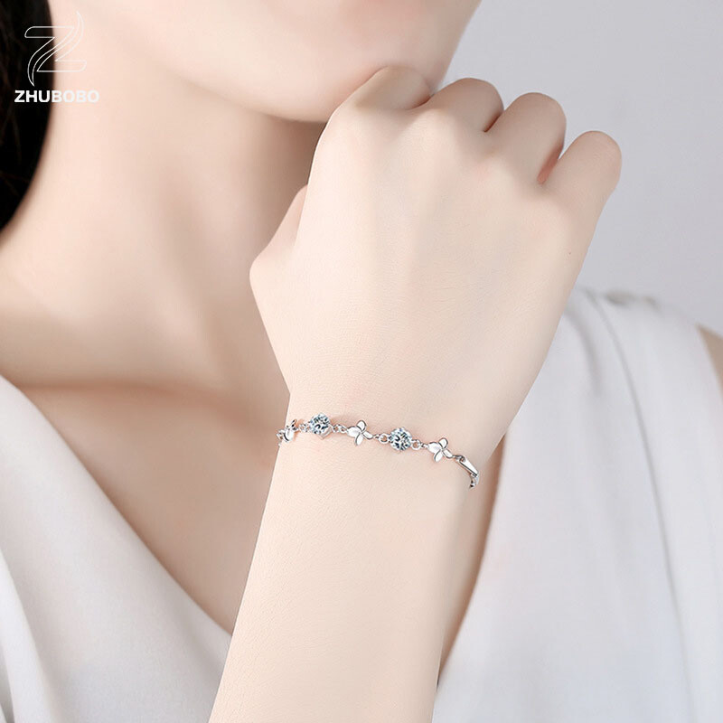 2pcs 5mm/0.5ct 1cttw Moissanite D Color Lucky 4 Leaf Clover S925 Silver Bracelet