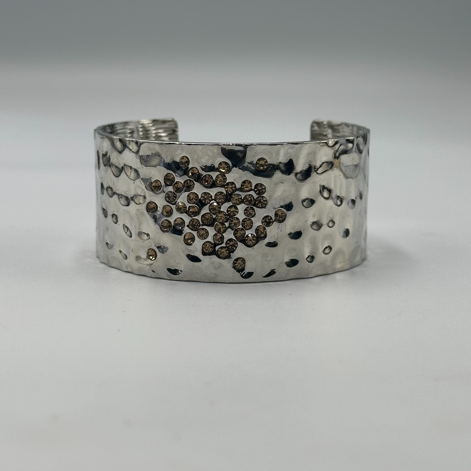 Cuff Bracelet Silver Tone Hammered Metal Brown Rhinestone Cluster