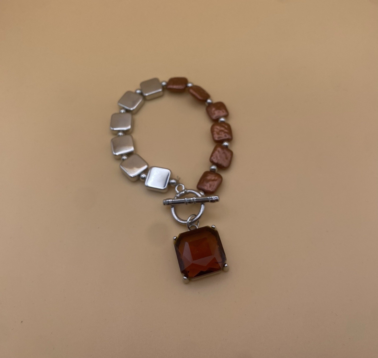 Silver Tone Brown Beaded Toggle Bracelet Square Dangle Charm Faceted