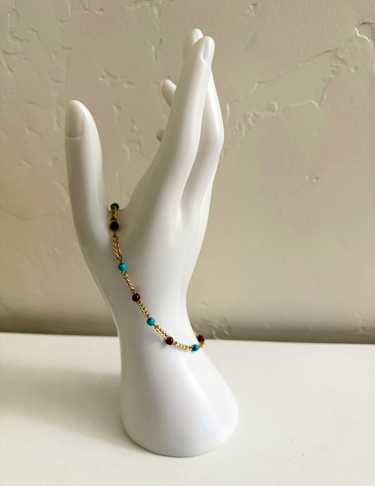 Gold Tone Cable Chain Beaded Bracelet Turquoise Brown Stones Lobster Clasp