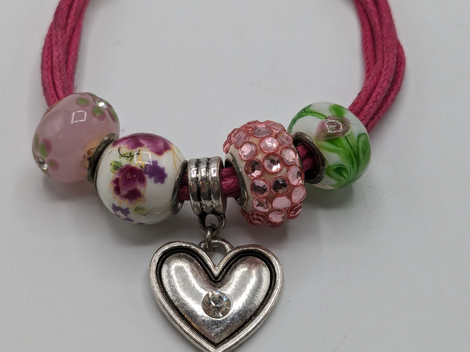 Pink Leather Hear Charm Bracelet Enameled Beads