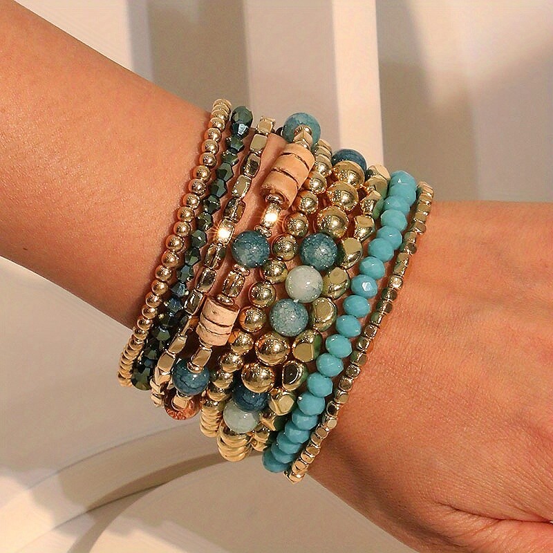 9 Boho Beaded Bracelet Set Blue Color Multi-Layer Stretch Stackable Bracelet